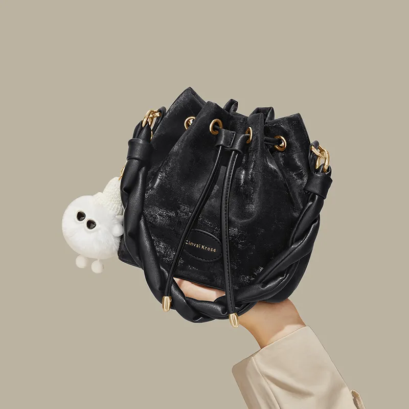 CinvaiKrose PU With Synthetic Leather Bucket Bags One Shoulder Handbags Small Size Women's Cream White/Pink/Black-13