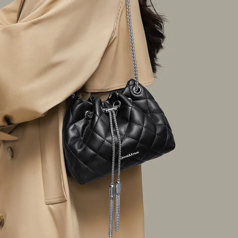 CinvaiKrose Cow Leather With Synthetic Leather Shoulder Bag Crossbody Bag Bucket Bag Small Size Women's Black/Ecru-1