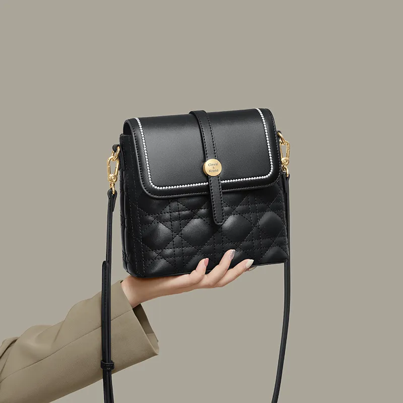 Simvay Clos Cow Leather Patchwork Synthetic Leather Shoulder Bag Crossbody Bag Bucket Bag Small Size Women's Black-3