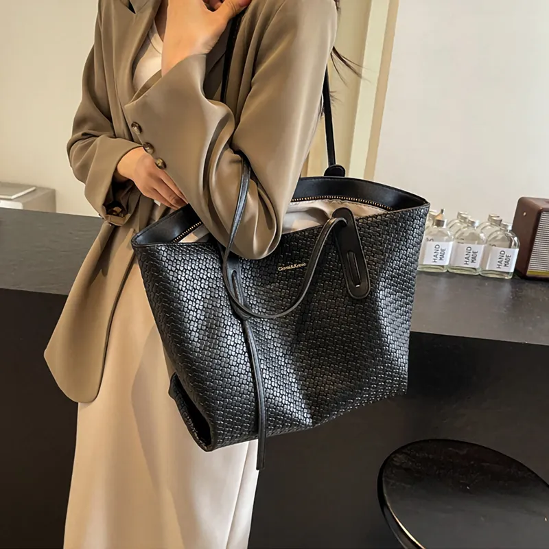 Simvay Clos PVC With Synthetic Leather Tote Bag Shopping Bag Shoulder Bag Large Size Women's Black/Ecru & Brown-2