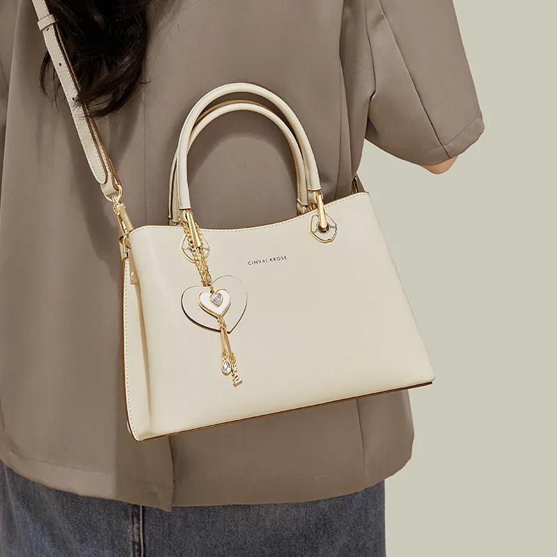 Simvay Clos Cow Leather With Synthetic Leather One Shoulder Handbags Medium Size Women's Apricot/Ecru/Black-6