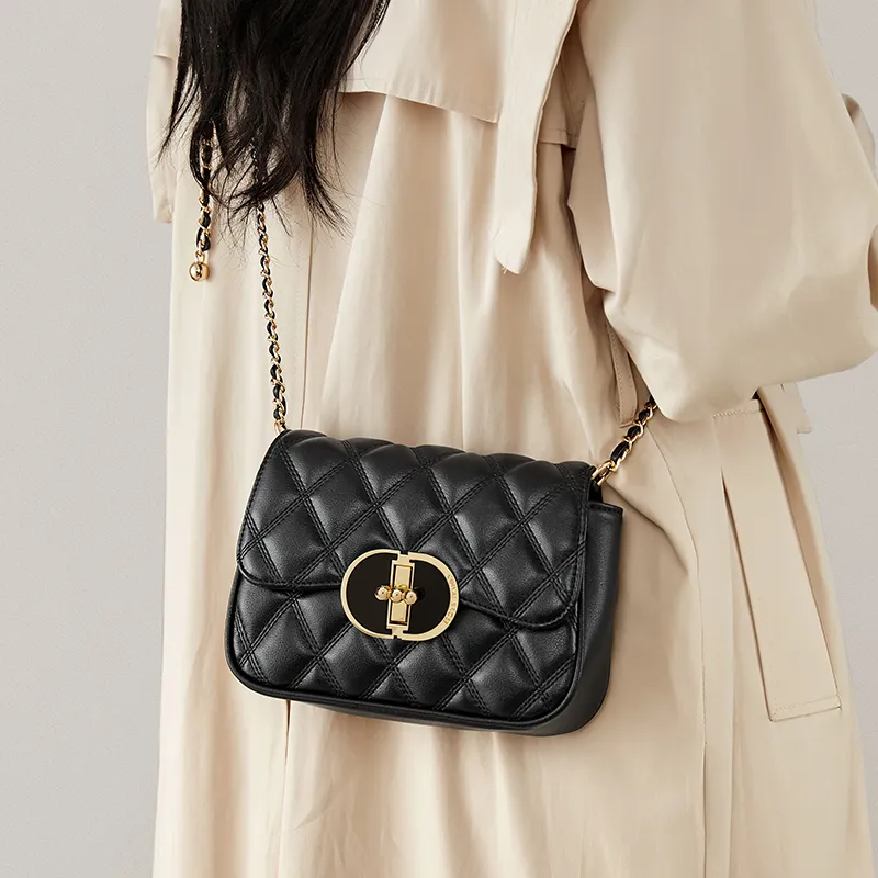 Simvay Clos Cow Leather With Synthetic Leather Chain Shoulder Bag Crossbody Bag Small Size Women's Black/Ecru-3