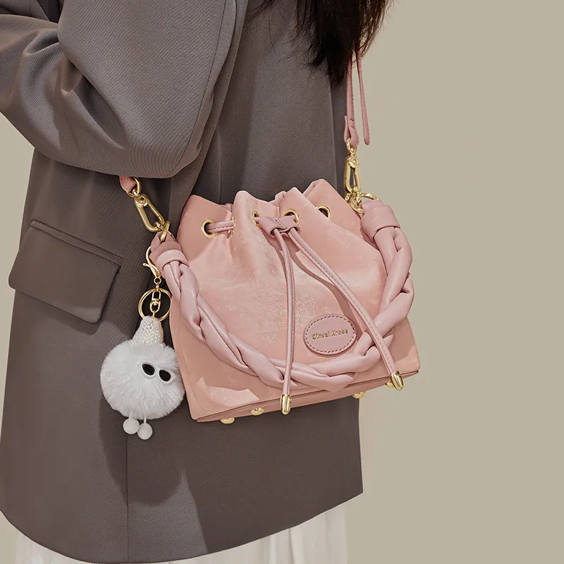 CinvaiKrose PU With Synthetic Leather Bucket Bags One Shoulder Handbags Small Size Women's Cream White/Pink/Black-6
