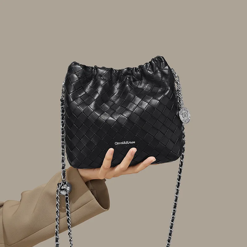 Simvay Clos Cow Leather With Synthetic Leather Bucket Bags Shoulder Bags Small Size Women's Black/Ecru-2