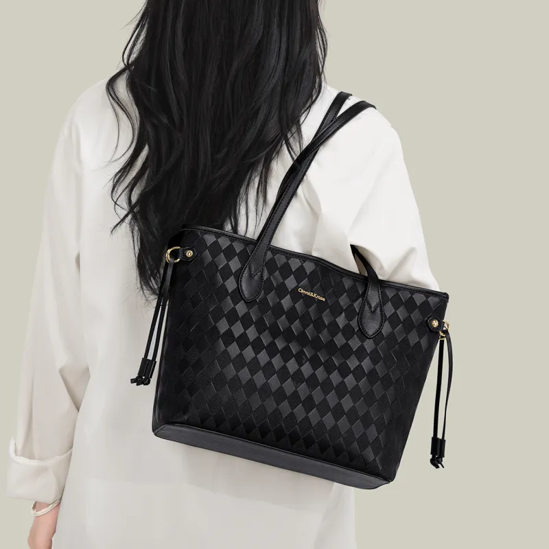 CinvaiKrose PU Bonded Synthetic Leather Shoulder Bag Tote Small Size Women's Diamond Pattern Ecru/Diamond Pattern Black-7