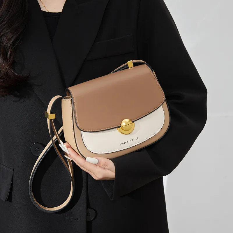 CinvaiKrose Cow Leather With Synthetic Leather Shoulder Bag, Crossbody Bag Small Size Women's Cream Apricot/Green-5