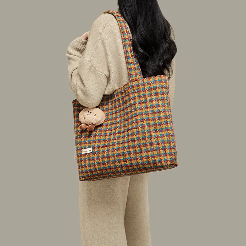 Simvay Clos Fabric Handheld Tote Bag Shopping Bag Shoulder Bag Large Size Women's Houndstooth Yellow-2