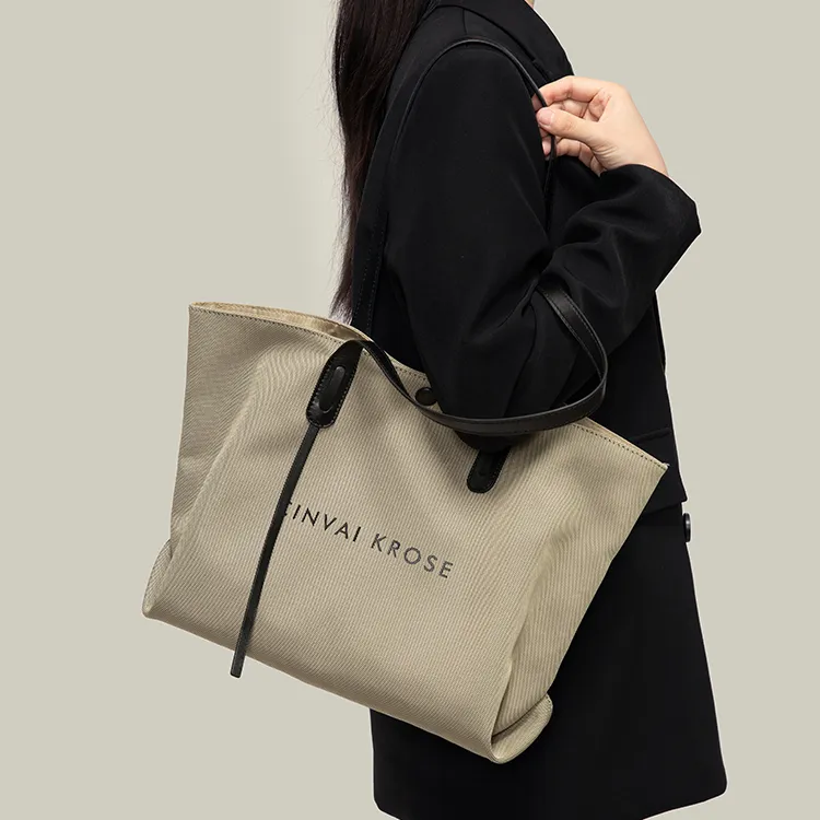 Simvay Clos Nylon Fabric With Microfiber Handbag Tote Bag Shoulder Bag Large Size Women's Khaki/Ecru/Black-3