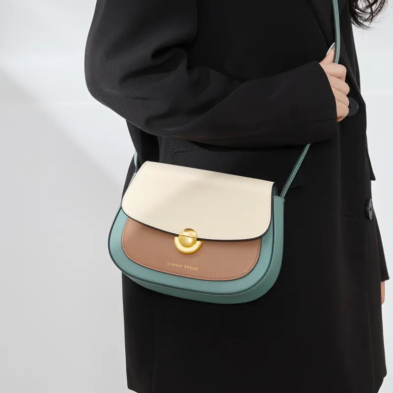 CinvaiKrose Cow Leather With Synthetic Leather Shoulder Bag, Crossbody Bag Small Size Women's Cream Apricot/Green-10