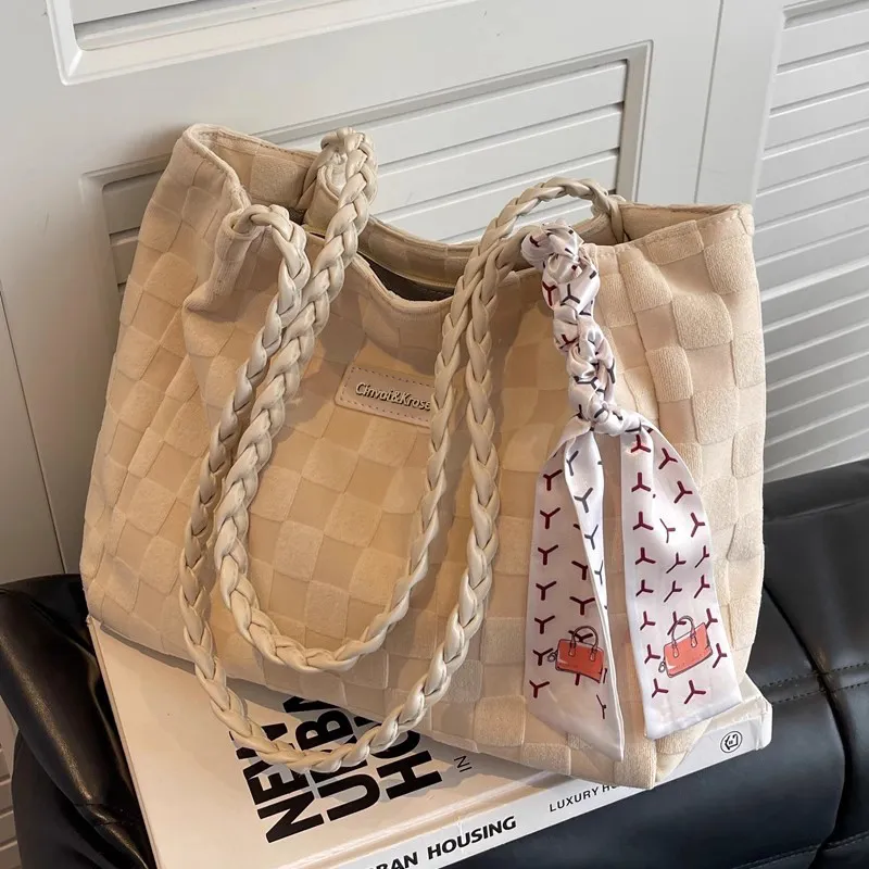 Simvay Clos Fabric With Synthetic Leather Tote Bag Shopping Bag Handbag Shoulder Bag Large Size Women's Beige Apricot-1