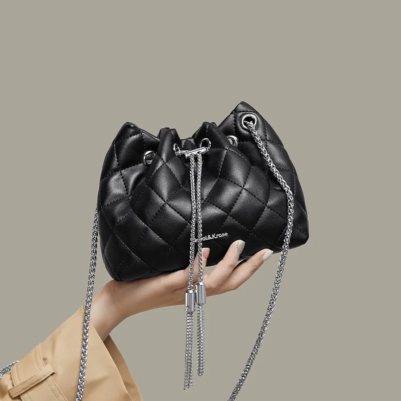 CinvaiKrose Cow Leather With Synthetic Leather Shoulder Bag Crossbody Bag Bucket Bag Small Size Women's Black/Ecru-2