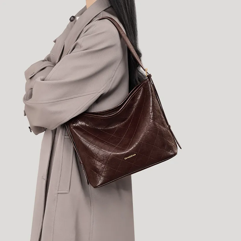 Simvay Clos Cow Leather Patchwork Synthetic Leather Bucket Bags Shoulder Bags Regular Women's Dark Brown/Black-1