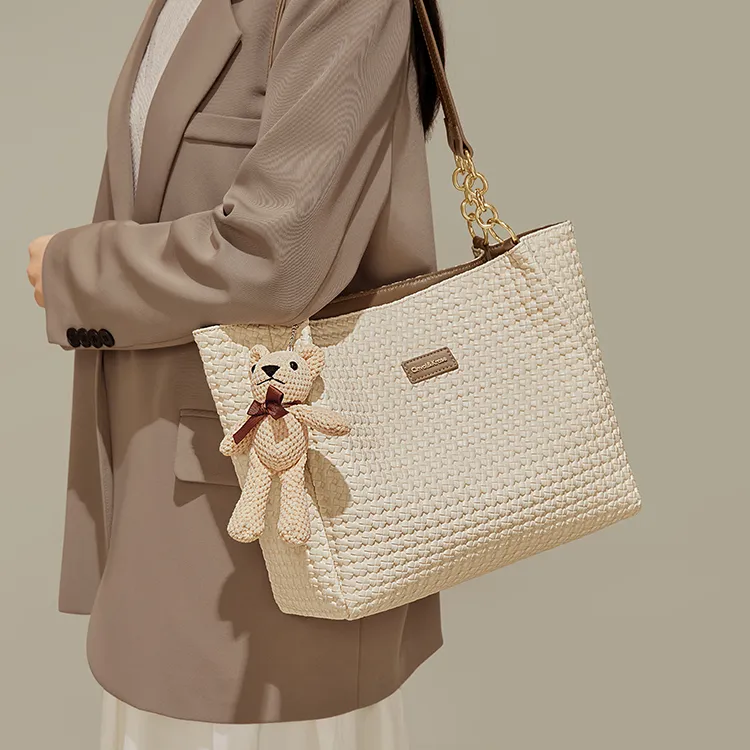 Simvay Clos PVC And Synthetic Leather Shoulder Bag Handheld Tote Shopping Bag Large Size Women's Coffee/Ecru-13