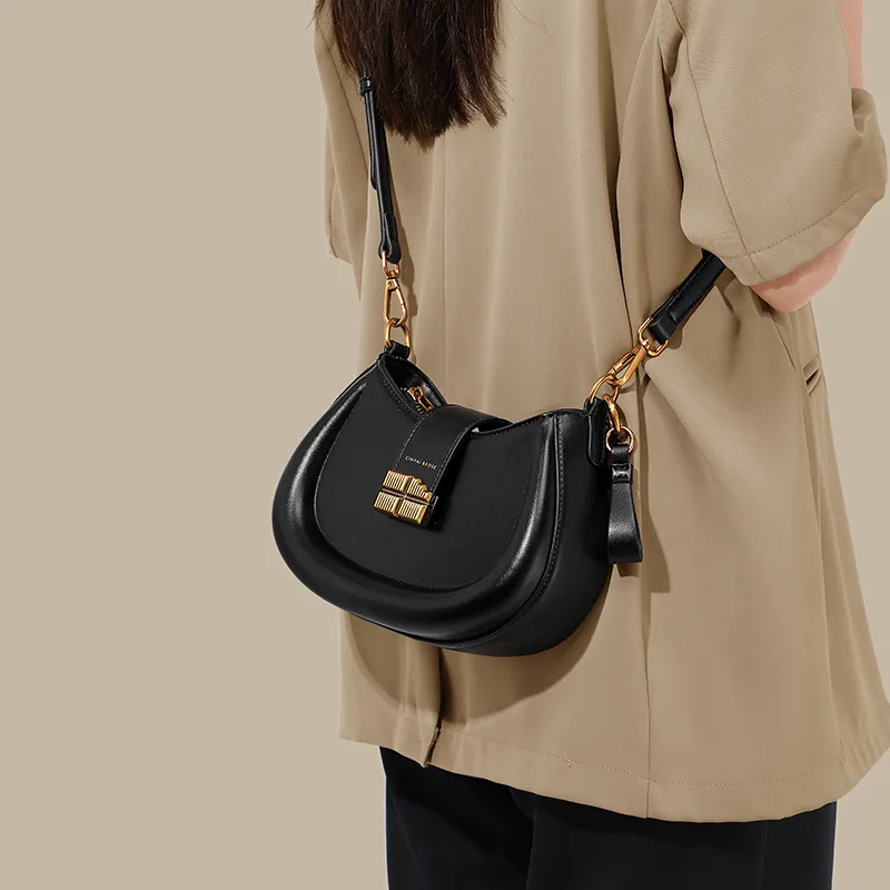Simvay Clos PU Saddle Bag Shoulder Bag Crossbody Bag Handbag Small Size Women's Ecru/Brown/Black-22
