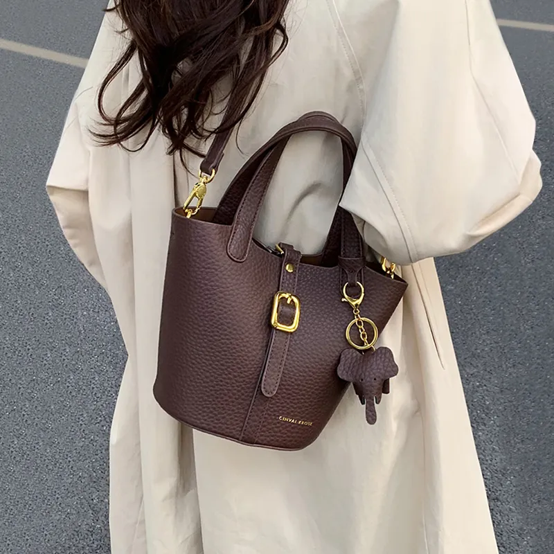 Simvay Clos Cow Leather With Synthetic Leather Shoulder Bag Crossbody Bag Bucket Bag Medium Size Women's Coffee/Black-3