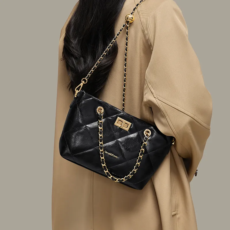 CinvaiKrose Cow Leather Bonded Synthetic Leather Handbags Shoulder Bag Crossbody Bag Small Size Women's Black-5