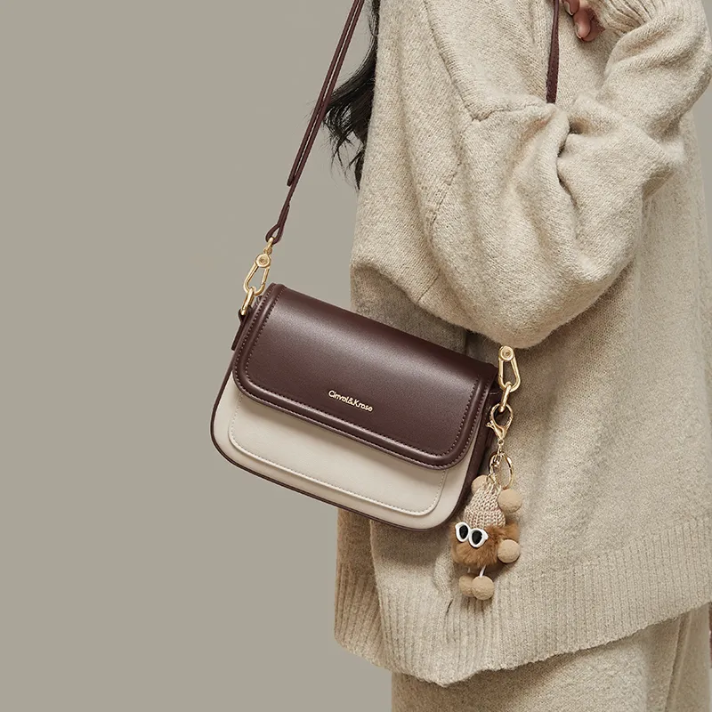 CinvaiKrose Cow Leather With Synthetic Leather Shoulder Bag, Crossbody Bag Small Size Women's Ecru & Coffee-4