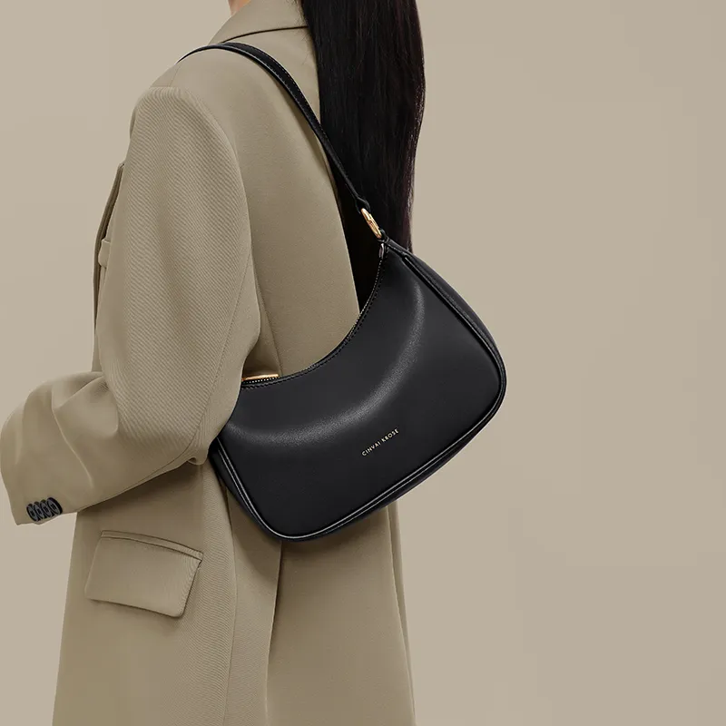 CinvaiKrose Cow Leather With Synthetic Leather Crescent Bag Shoulder Bag Small Size Women's Ecru/Black-10