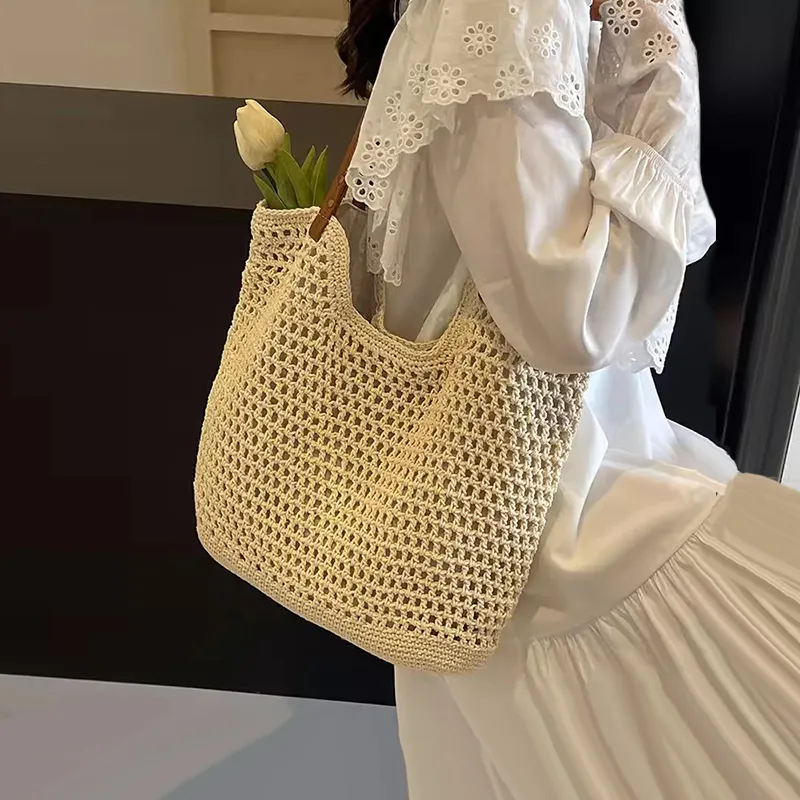 CinvaiKrose Yarn One Shoulder Tote Shopping Bag Portable Large Bag Large Size Women's Khaki-7