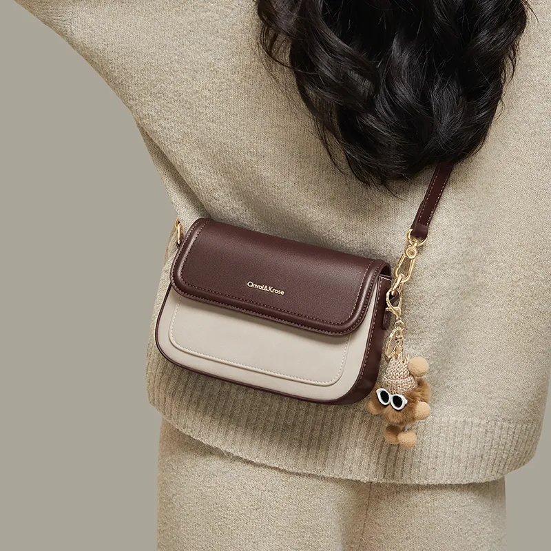 CinvaiKrose Cow Leather With Synthetic Leather Shoulder Bag, Crossbody Bag Small Size Women's Ecru & Coffee-3