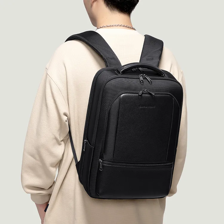 Simvay Clos Fabric With Cow Leather Backpack Laptop Bag Travel Bag Large Size Men's Black-8