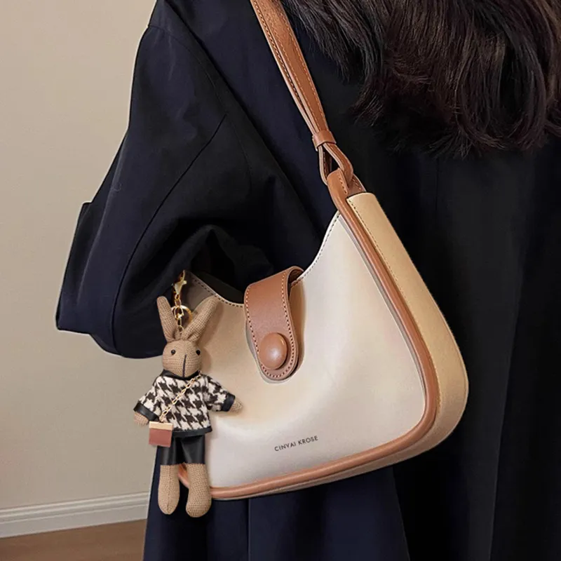 Simvay Clos Cowhide With Microfiber Shoulder Bag Crossbody Bag Crescent Bag Women's Apricot/Brown-3