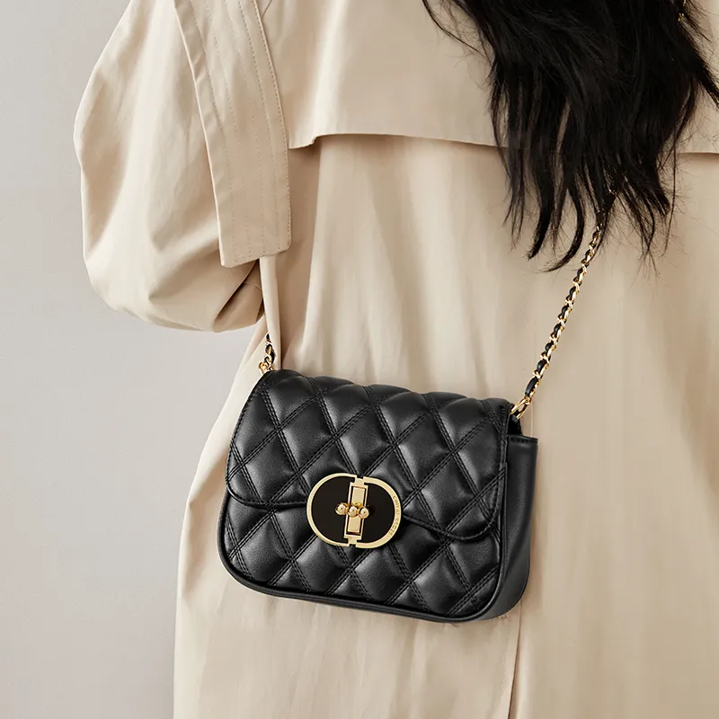 Simvay Clos Cow Leather With Synthetic Leather Chain Shoulder Bag Crossbody Bag Small Size Women's Black/Ecru-4