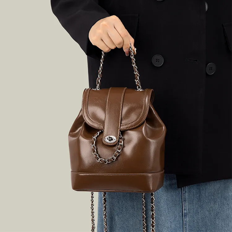 Simvay Clos PU Chain Backpack Medium Size Women's Black/Brown-12