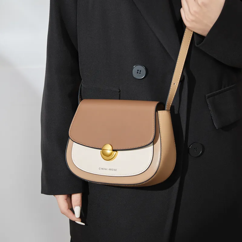 CinvaiKrose Cow Leather With Synthetic Leather Shoulder Bag, Crossbody Bag Small Size Women's Cream Apricot/Green-2
