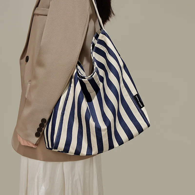 Simvay Clos Fabric Tote Bag Shopping Bag Shoulder Bag Large Size Women's Blue White Stripes-3