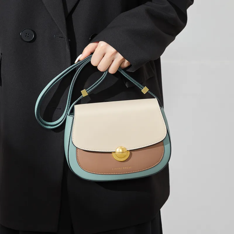 CinvaiKrose Cow Leather With Synthetic Leather Shoulder Bag, Crossbody Bag Small Size Women's Cream Apricot/Green-11