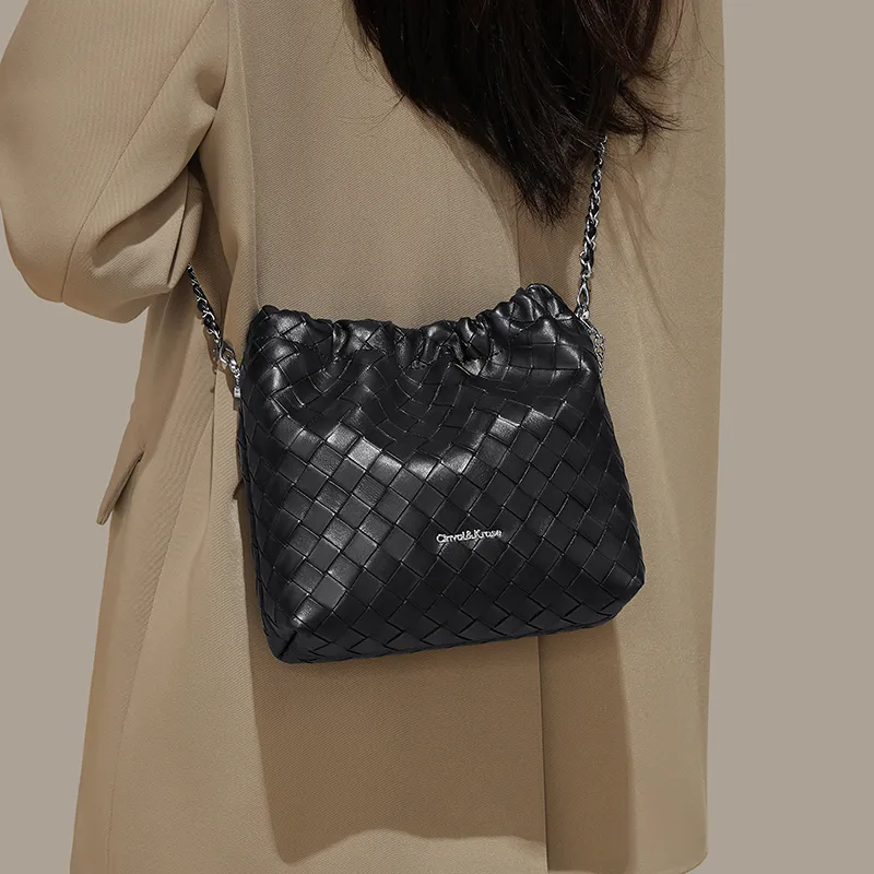 Simvay Clos Cow Leather With Synthetic Leather Bucket Bags Shoulder Bags Small Size Women's Black/Ecru-1