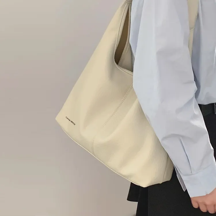 Simvay Clos PU One Shoulder Tote Tote Bag Shopping Bag Shoulder Bag Large Size Women's Ecru/Black/Coffee Brown-4