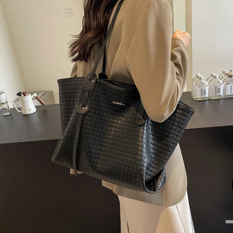 Simvay Clos PVC With Synthetic Leather Tote Bag Shopping Bag Shoulder Bag Large Size Women's Black/Ecru & Brown-1