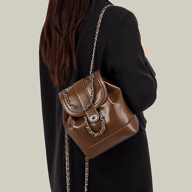 Simvay Clos PU Chain Backpack Medium Size Women's Black/Brown-10
