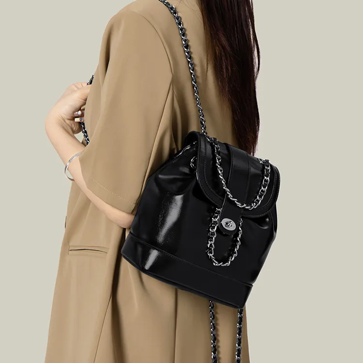 Simvay Clos PU Chain Backpack Medium Size Women's Black/Brown-5