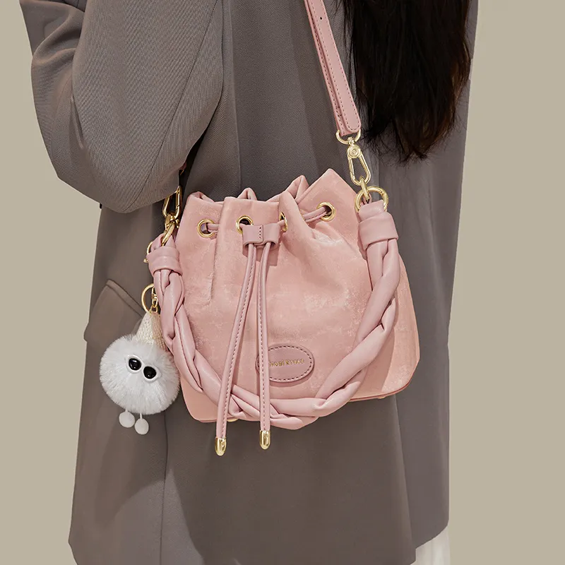 CinvaiKrose PU With Synthetic Leather Bucket Bags One Shoulder Handbags Small Size Women's Cream White/Pink/Black-8