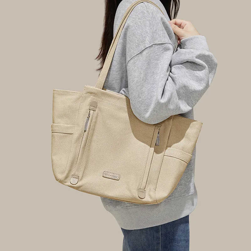 CinvaiKrose Fabric, Synthetic Leather Tote Bag, Shoulder Bag Tubas Women's Beige Apricot/Black-7