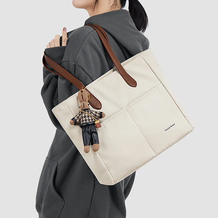 CinvaiKrose Fabric Shoulder Bag Tote Tote Shopping Bag Large Size Women's Ecru-4