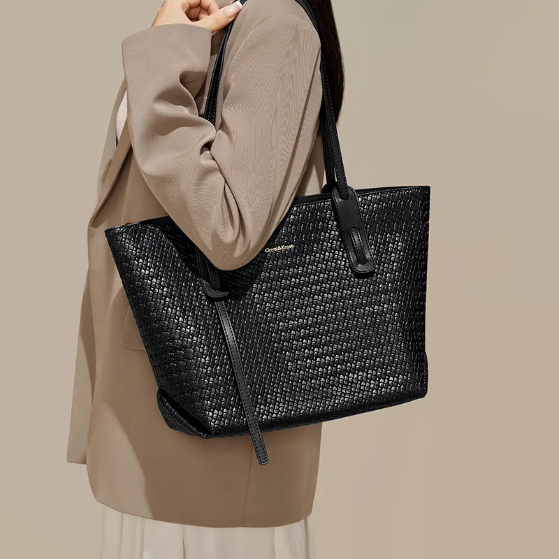Simvay Clos PVC With Synthetic Leather Tote Bag Shopping Bag Shoulder Bag Large Size Women's Black/Ecru & Brown-5