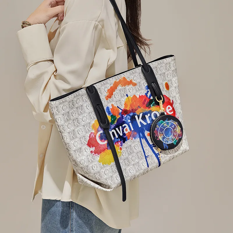 Simvay Clos PVC With Synthetic Leather One Shoulder Shoulder Bag Tote Tote Large Size Women's Gray Plaid Beige White-3