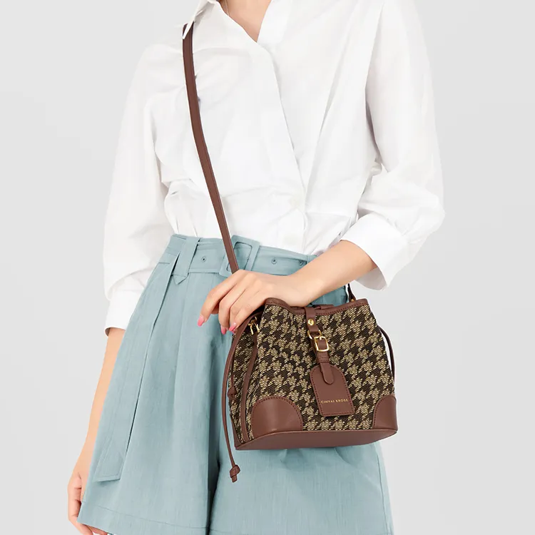 Simvay Clos Fabric With Microfiber Synthetic Leather Bucket Bag, Crossbody Bag, Shoulder Bag Regular Women's Brown-3