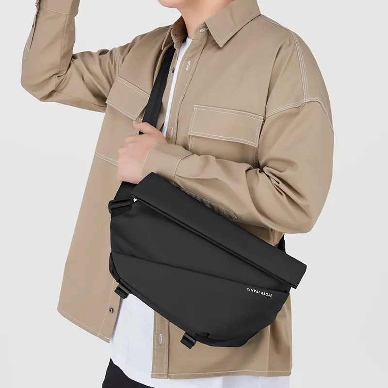 CinvaiKrose Nylon Fabric Shoulder Bag, Crossbody Bag, Sling Bag, Messenger Bag Medium Size Men's Denim Blue/Black/Gray-10