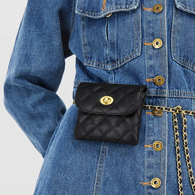 Simvay Clos Cow Leather Patchwork With Microfiber Synthetic Leather Crossbody Bag Chain Fanny Pack Mini Women's Black-6