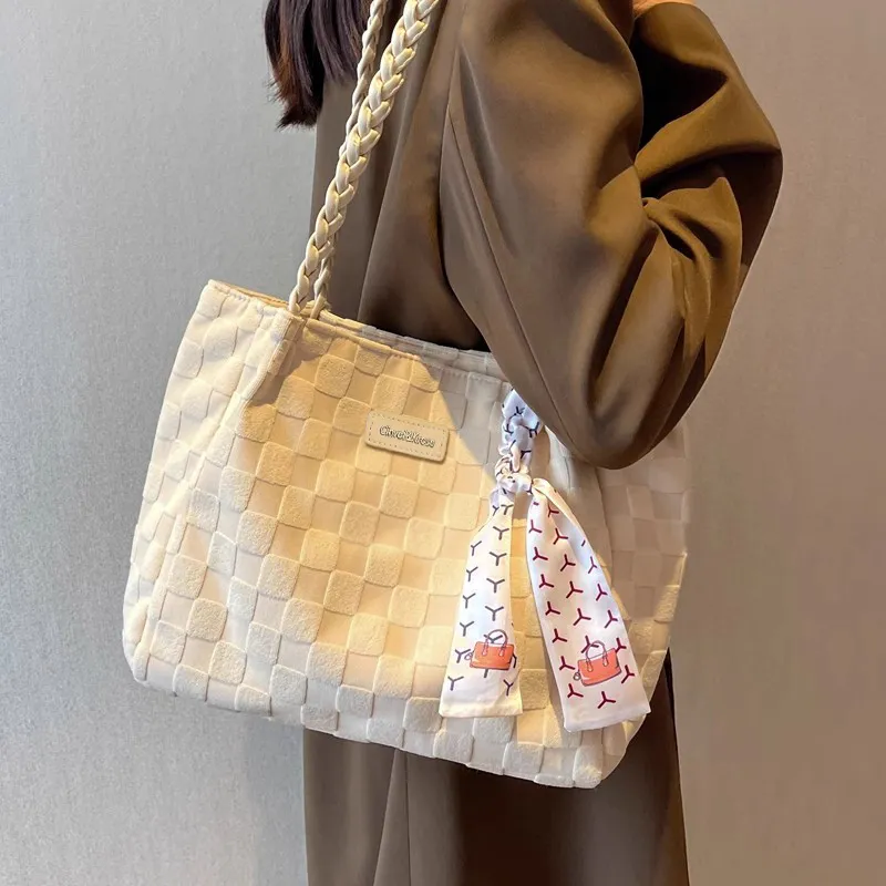 Simvay Clos Fabric With Synthetic Leather Tote Bag Shopping Bag Handbag Shoulder Bag Large Size Women's Beige Apricot-2