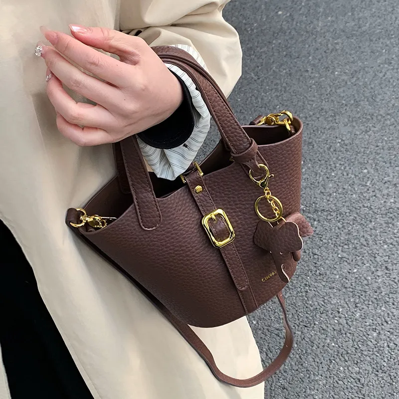 Simvay Clos Cow Leather With Synthetic Leather Shoulder Bag Crossbody Bag Bucket Bag Medium Size Women's Coffee/Black-2