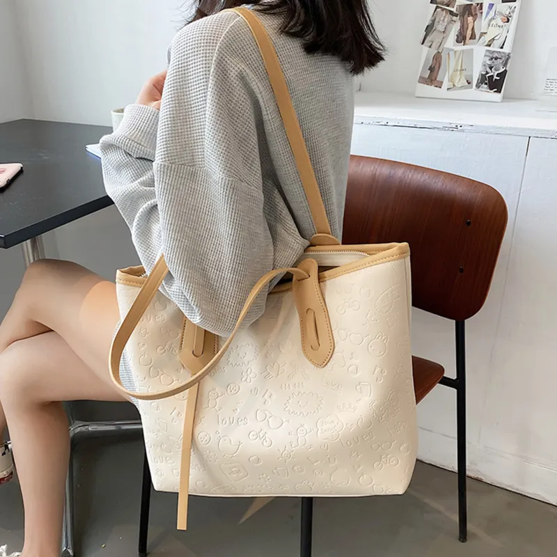 Simvay Clos Cow Leather Shoulder Bag Tote Bag Shopping Bag Large Size Women's Comic Khaki White-3