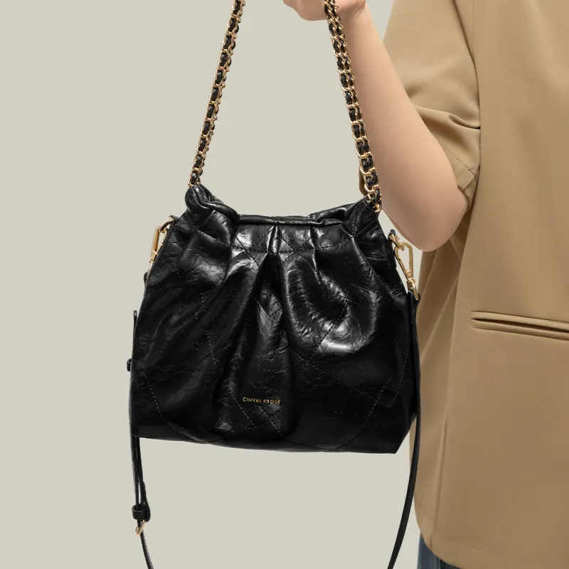 CinvaiKrose PU Shoulder Bag, Crossbody Bag, Hobo, Bucket Bag Medium Size Women's Ecru/Black-12