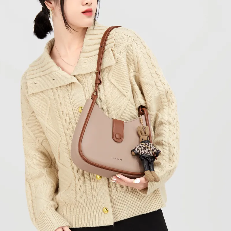 Simvay Clos Cowhide With Microfiber Shoulder Bag Crossbody Bag Crescent Bag Women's Apricot/Brown-4