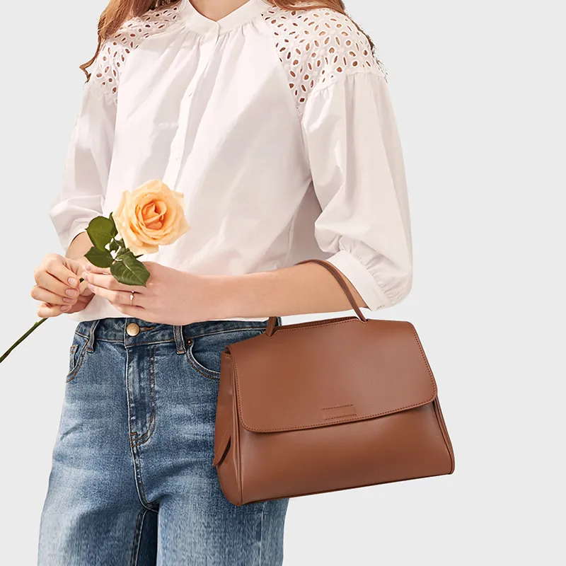 CinvaiKrose Cow Leather With Microfiber Shoulder Bag, Crossbody Bag, Handbag, Tote Medium Size Women's Brown-5